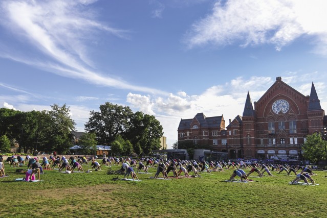 Yoga in Washington Park in front of the Music Hall