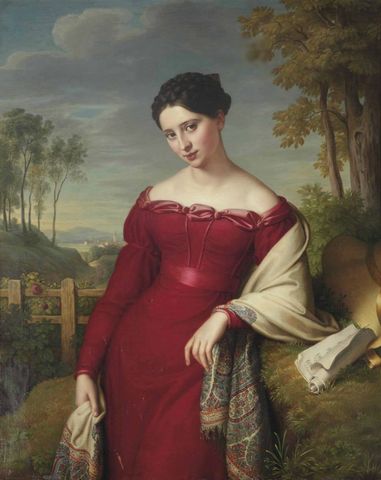 portrait of a young lady in a red dress with a paisley shawl by eduard friedrich leybold 1824 768x967 d707a