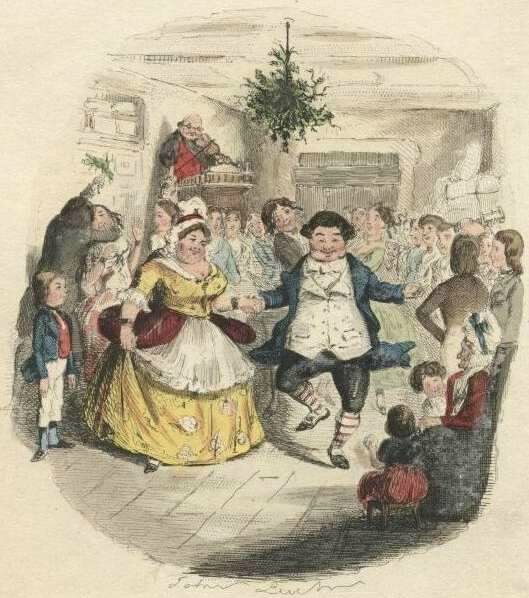 mr fezziwig s ball hand colored etching by john leech from a christmas carol by dickens 1842