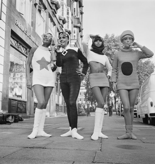 Four models wearing quilted mini skirts, mini dresses and catsuits, UK, 1966. (Photo by Evening Standard/Hulton Archive/Getty Images)