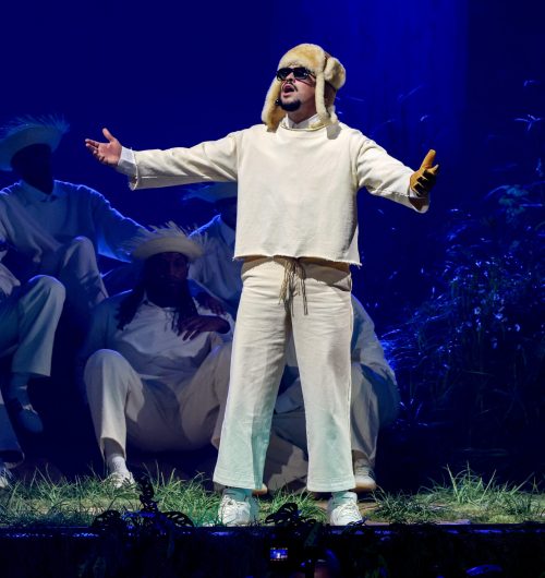 Bad Bunny performs onstage in San Juan, Puerto Rico. (Photo by Kevin Mazur via Getty Images)